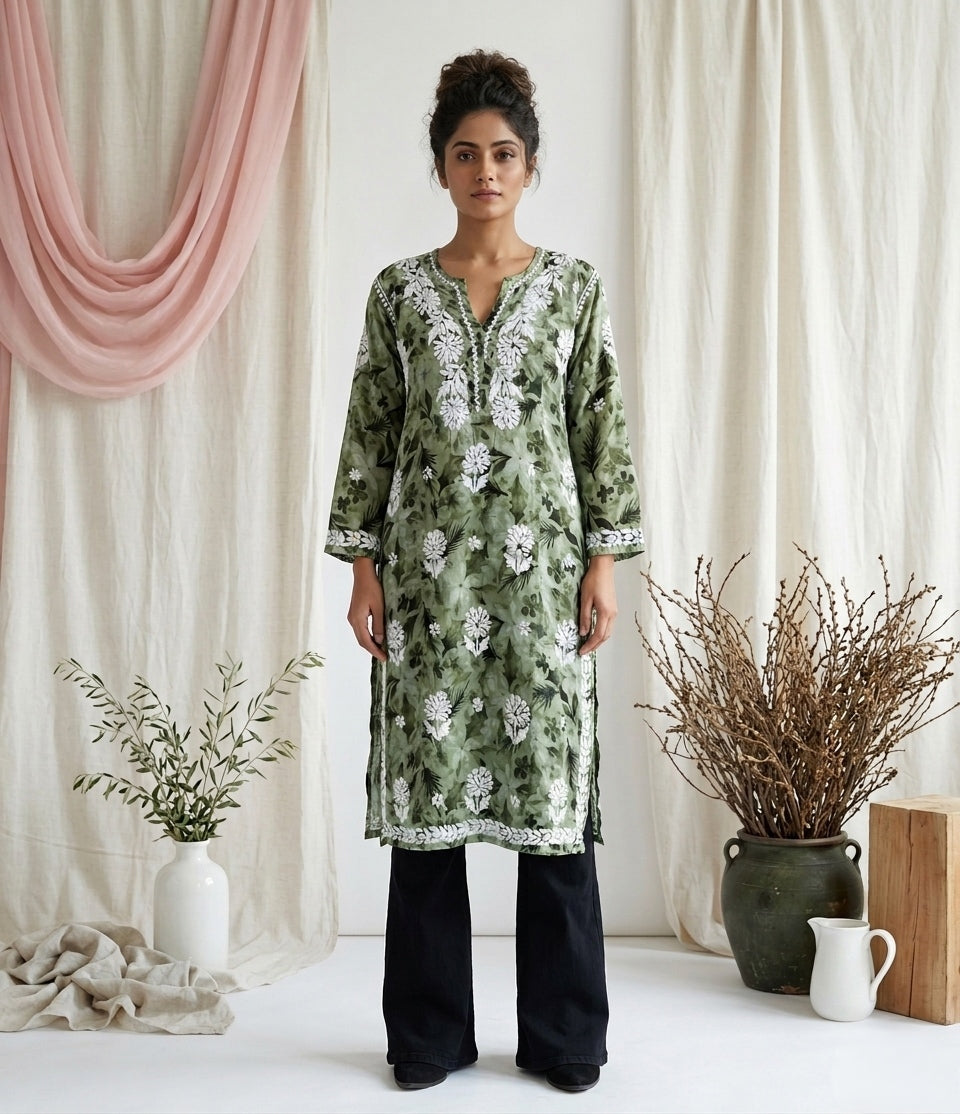 Aarzoo Green Mull Cotton Long Kurti