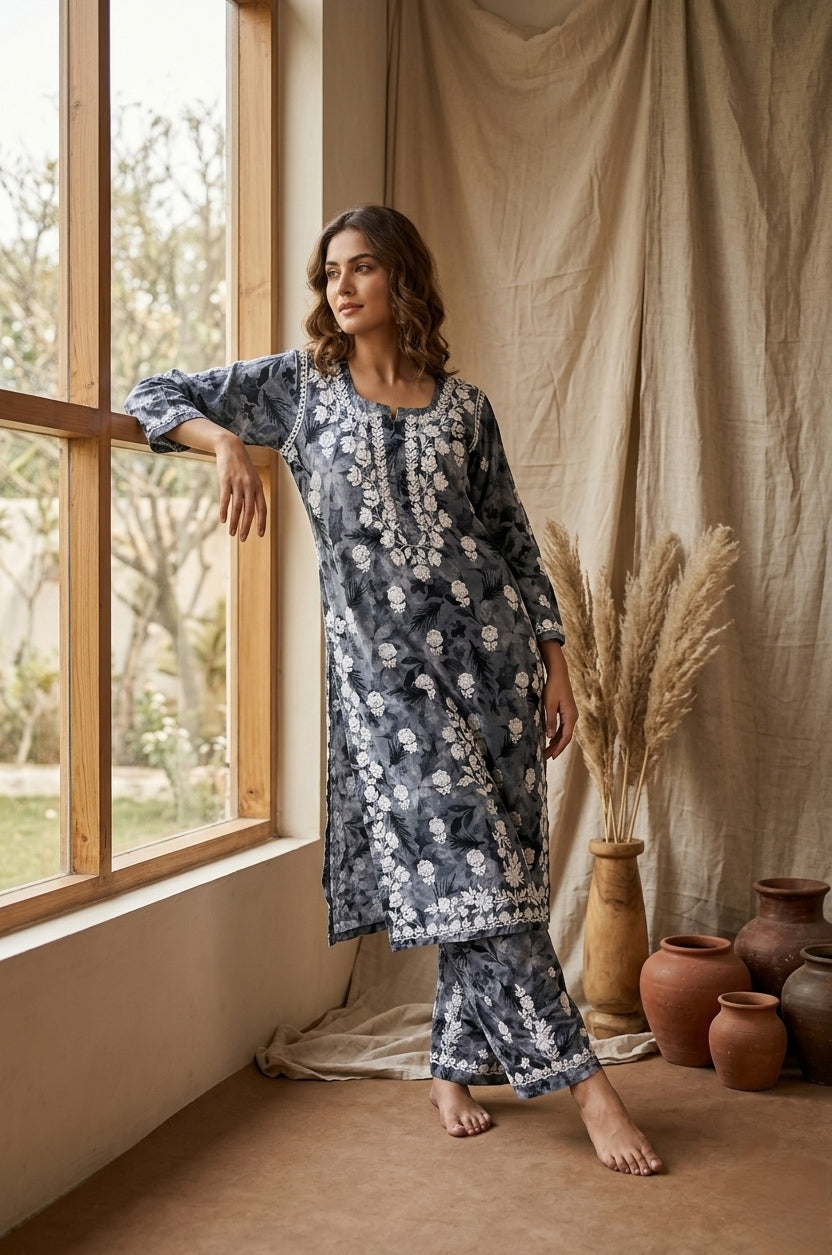 Safar Grey Long Cotton Chikankari Kurti Set