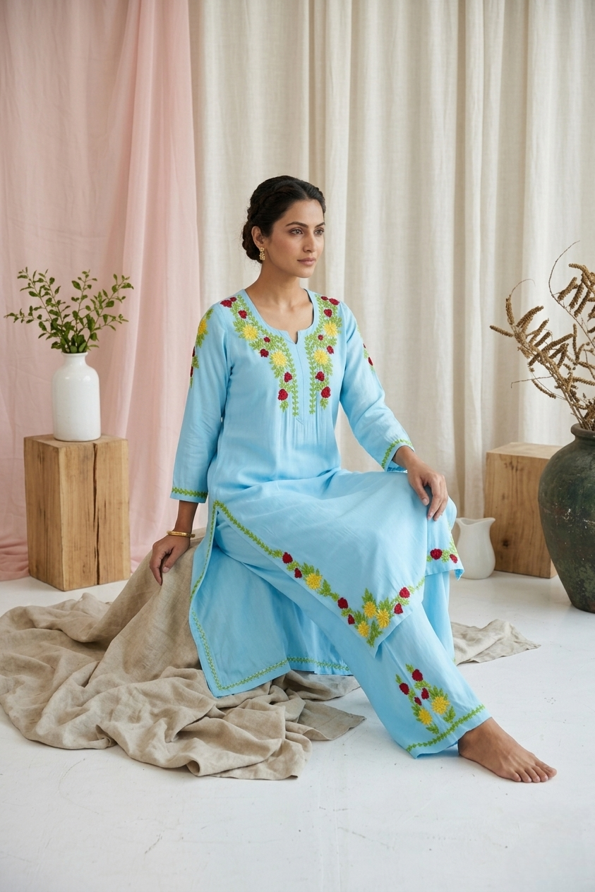 Safa Ocean Blue Chikankari Modal Kurta Set