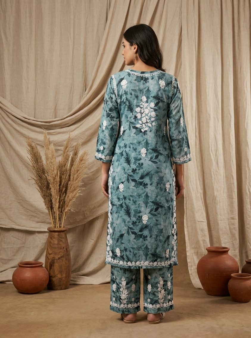 Safar Aqua Green Long Cotton Chikankari Kurti Set