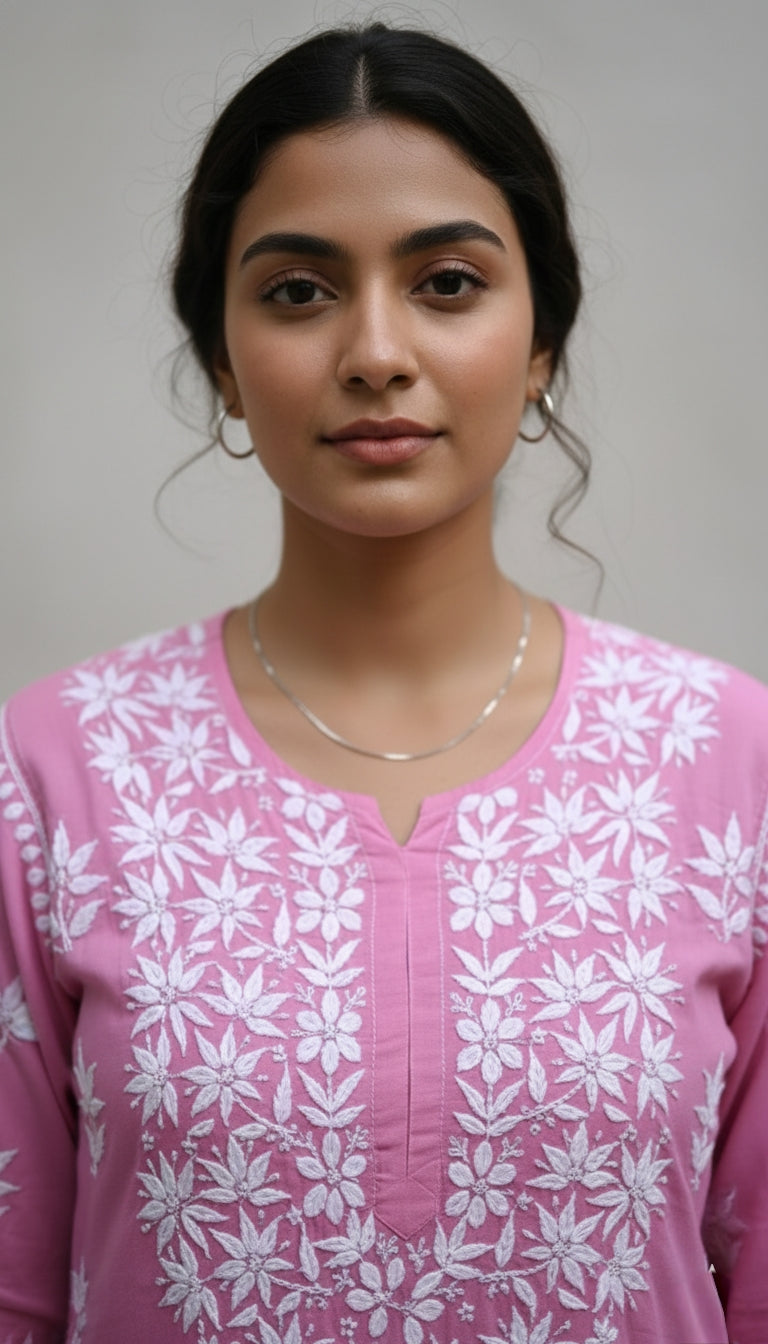 Noor Pink Modal Chaikankari Long Kurti