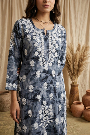 Safar Grey Long Cotton Chikankari Kurti Set