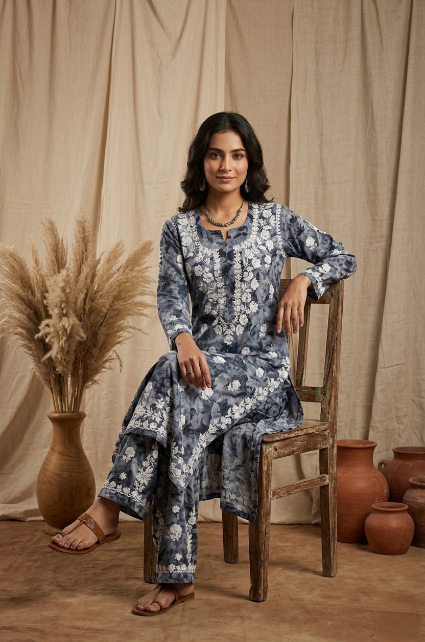 Safar Grey Long Cotton Chikankari Kurti Set