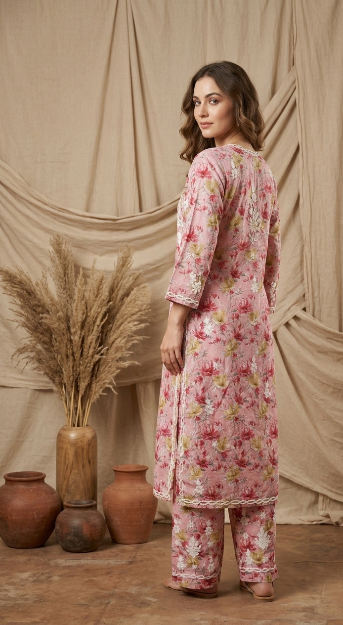 Aaira Rose Pink Mull Cotton Chikankari Kurta Set