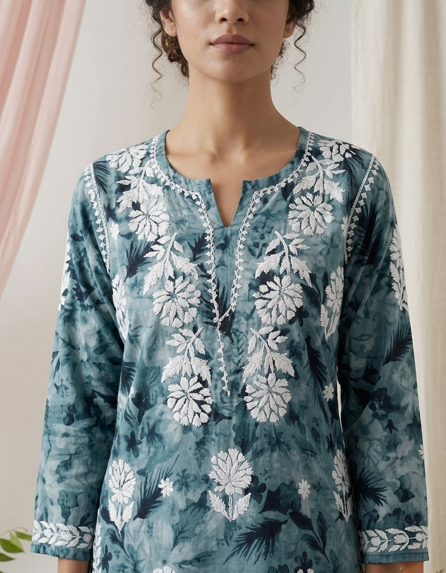 Aarzoo Teal Blue Mull Cotton Long Kurti
