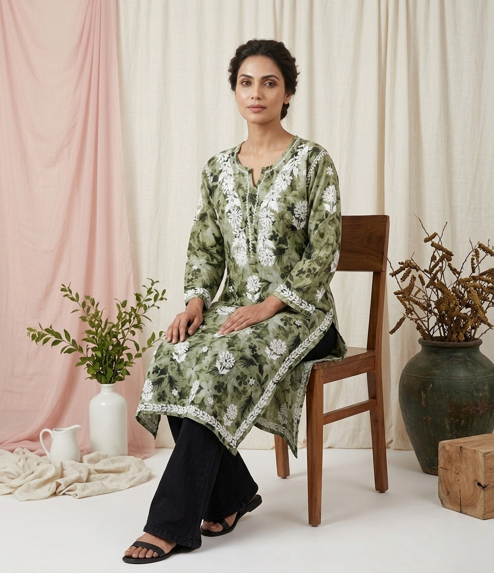 Aarzoo Green Mull Cotton Long Kurti