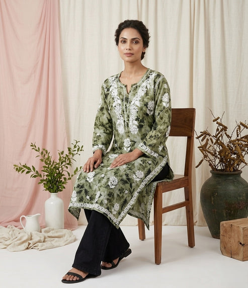 Aarzoo Green Mull Cotton Long Kurti