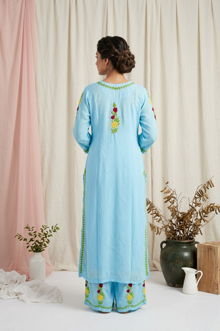 Safa Ocean Blue Chikankari Modal Kurta Set
