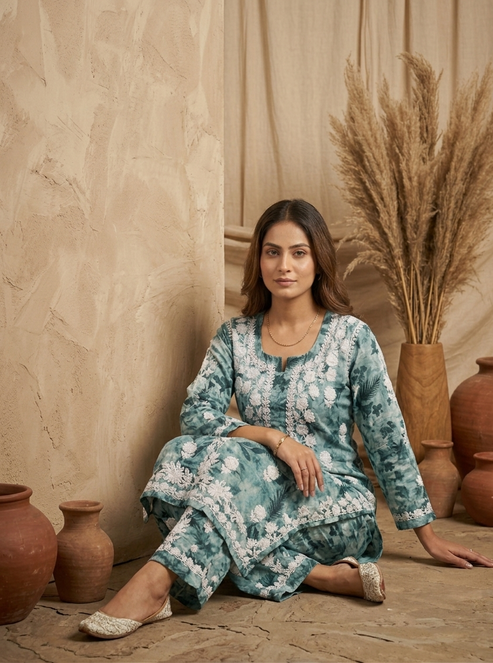 Safar Aqua Green Long Cotton Chikankari Kurti Set