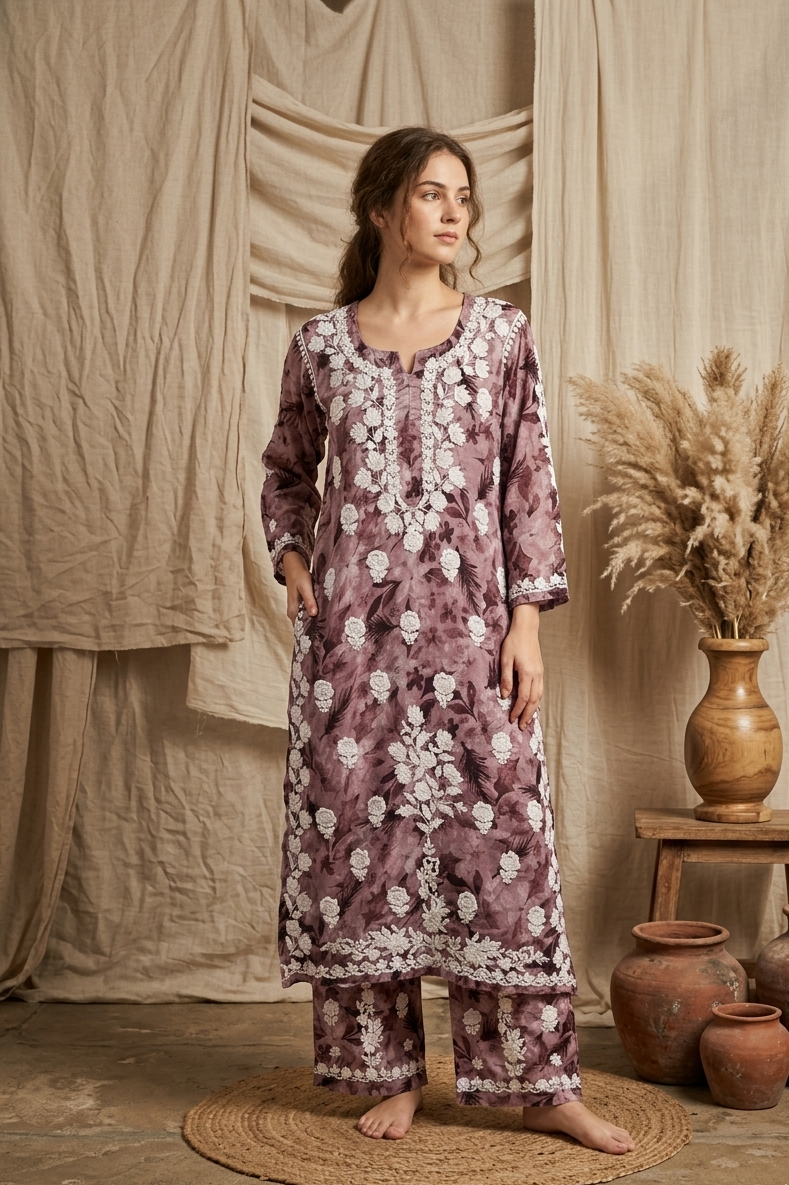 Safar Pink Long Cotton Chikankari Kurti Set