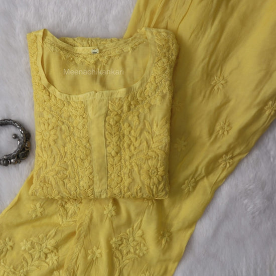 Ektara Yellow Muslin Mid Long Cord Kurta Set