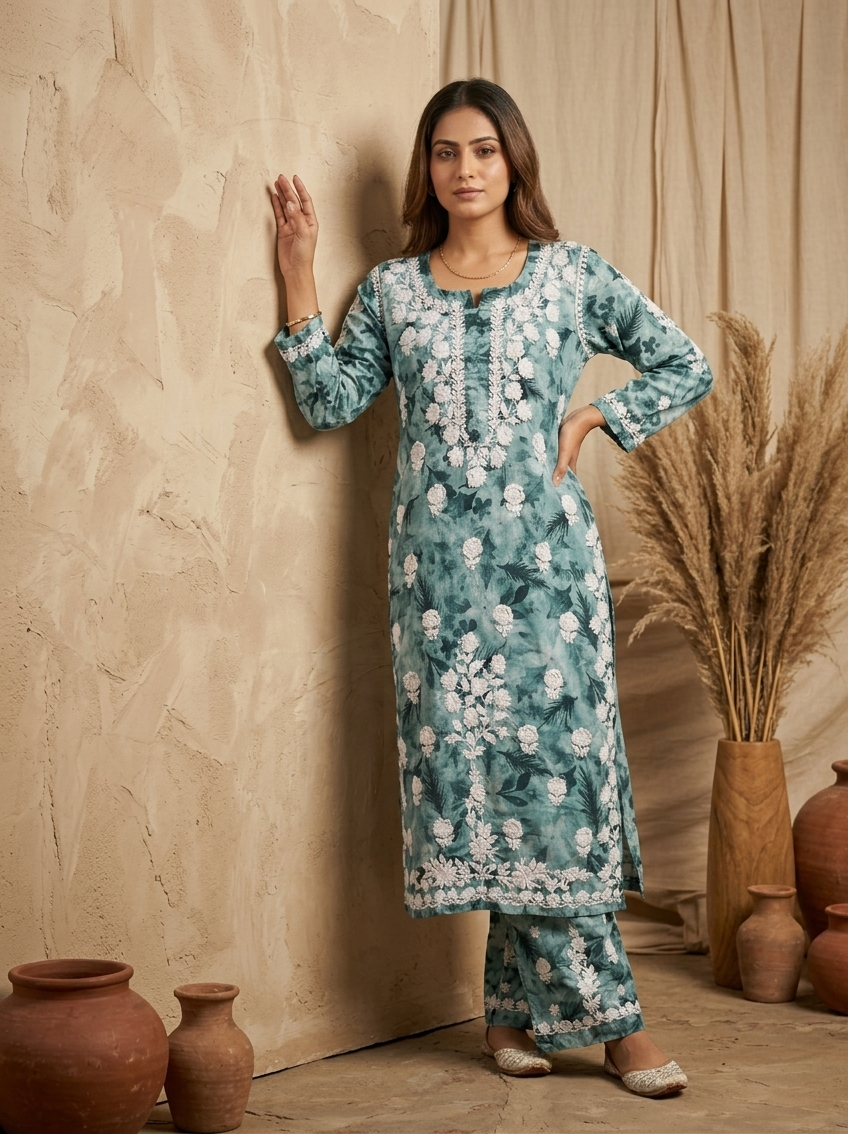 Safar Aqua Green Long Cotton Chikankari Kurti Set