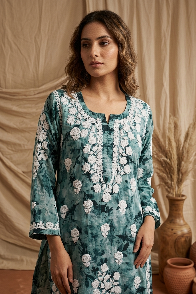 Safar Aqua Green Long Cotton Chikankari Kurti Set