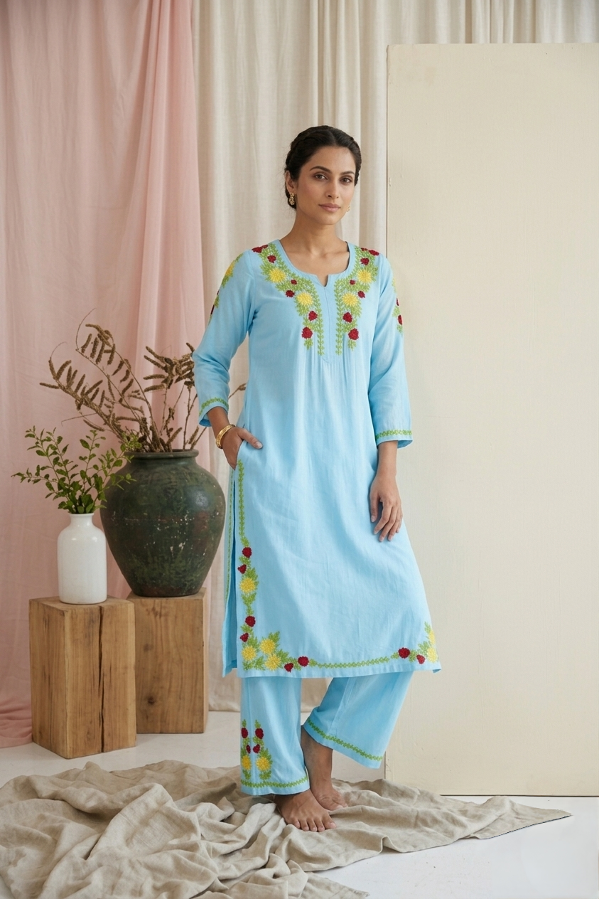 Safa Ocean Blue Chikankari Modal Kurta Set