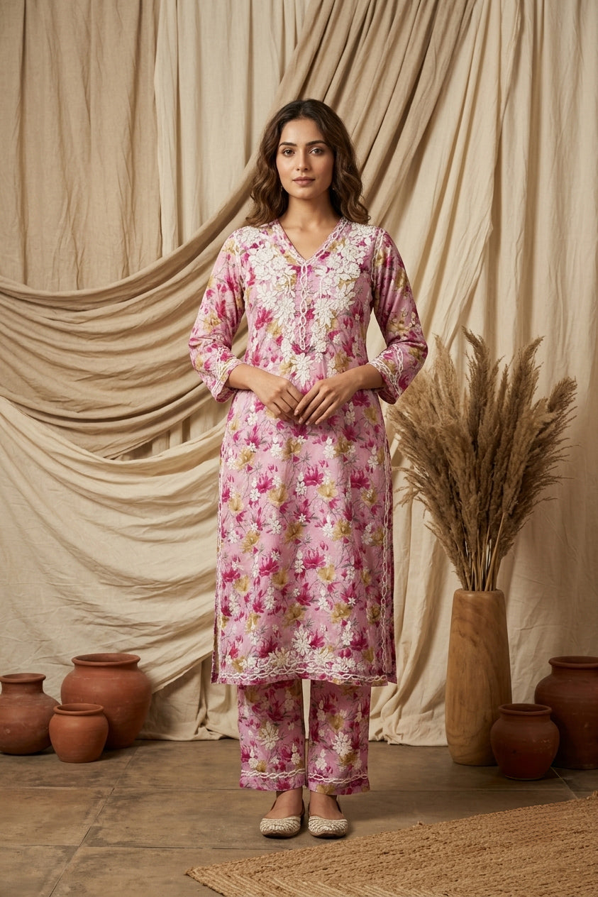 Aaira Onion Pink Mull Cotton Chikankari Kurta Set