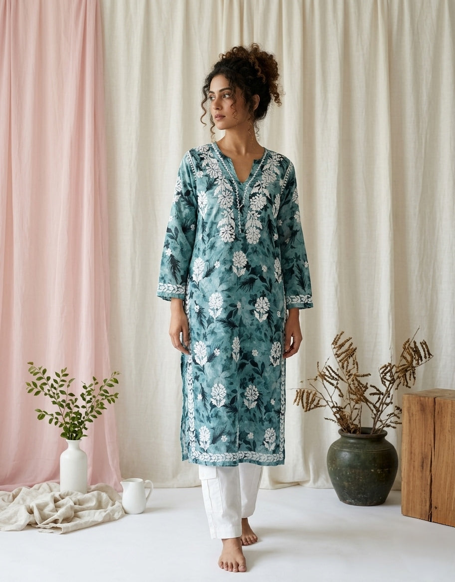 Aarzoo Teal Blue Mull Cotton Long Kurti