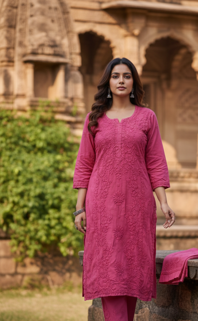Jasmine Chikankari Onion Pink Muslin kurta Set