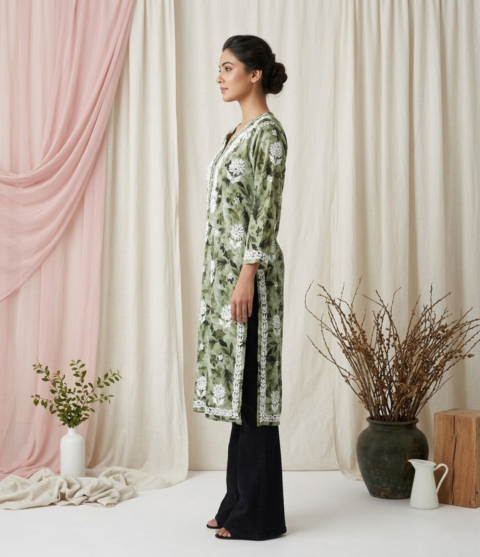 Aarzoo Green Mull Cotton Long Kurti