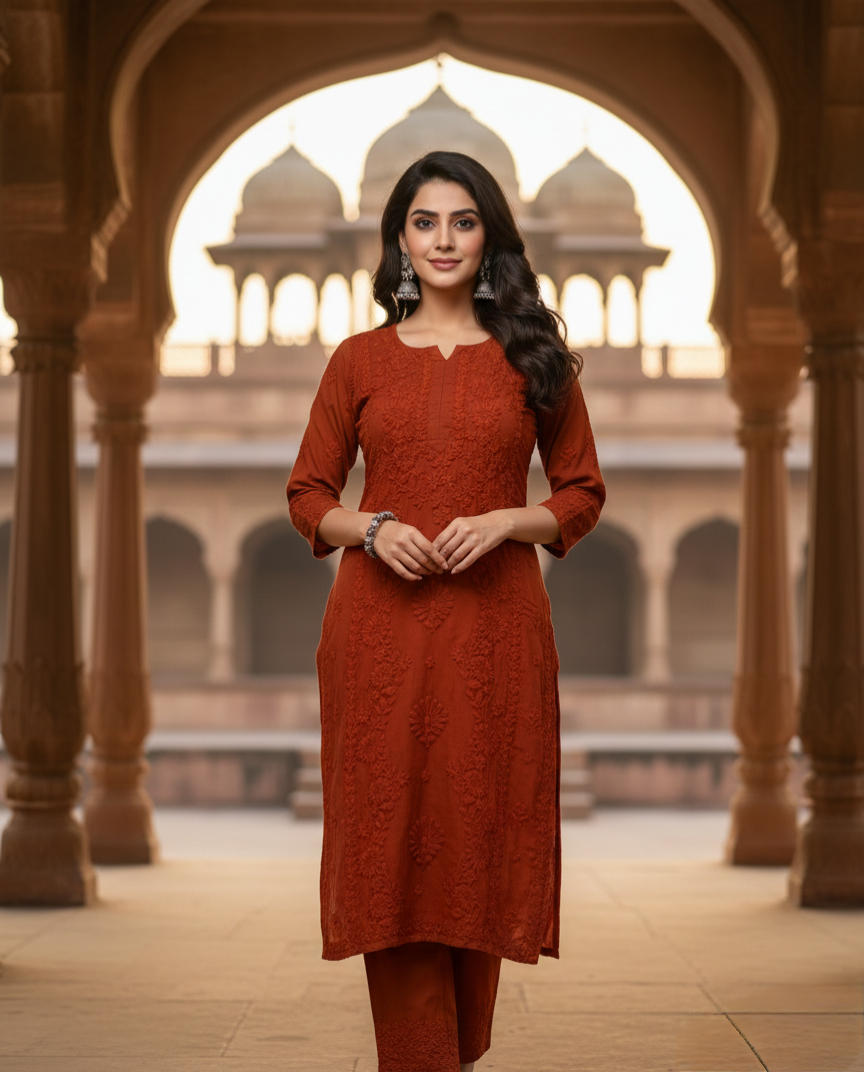 Jasmine Chikankari Rust Colour Muslin kurta Set