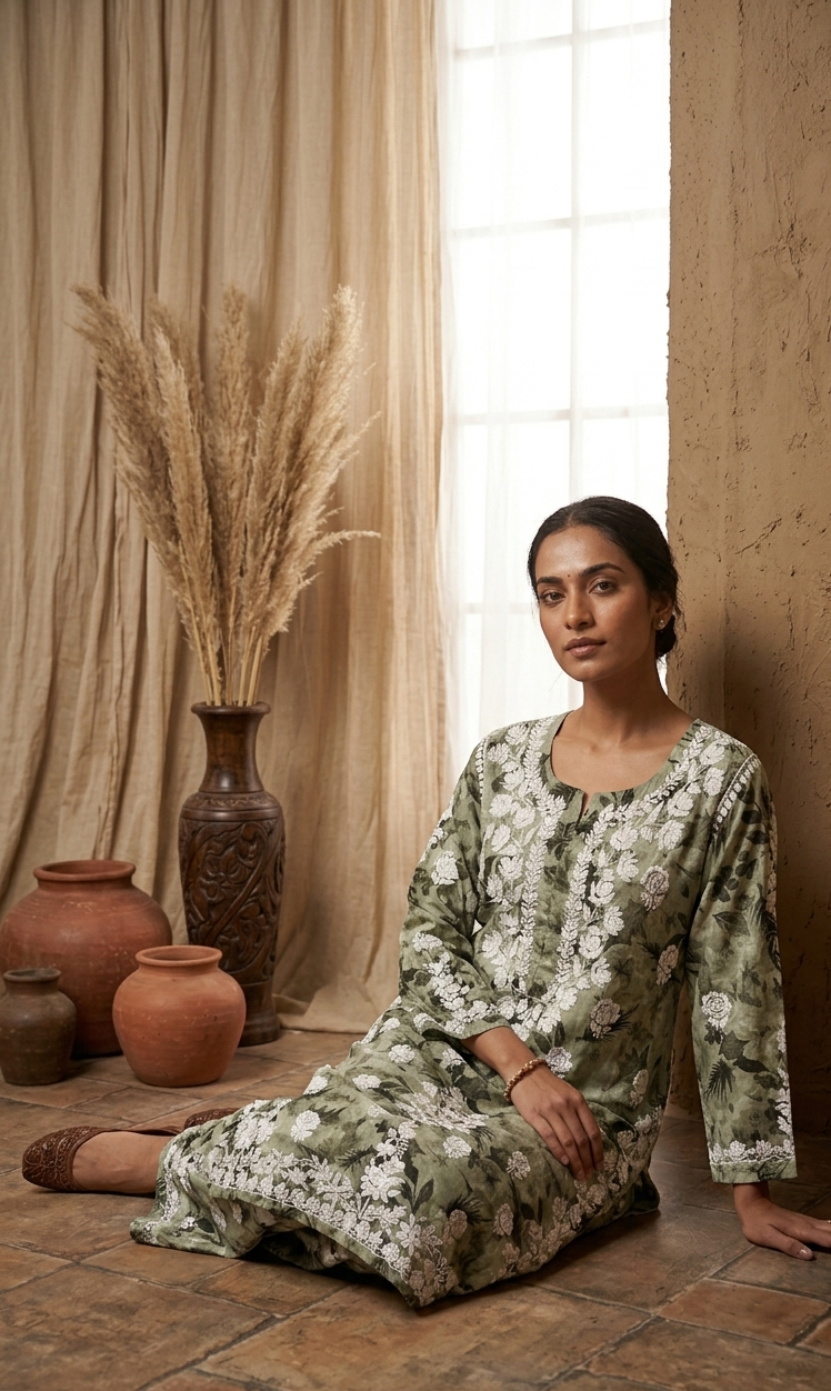Safar Green Long Cotton Chikankari Kurta Set