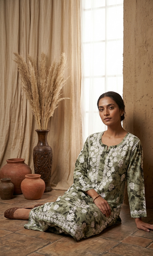 Safar Green Long Cotton Chikankari Kurta Set