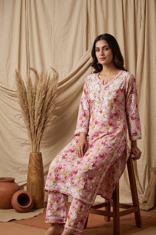 Aaira Rose Pink Mull Cotton Chikankari Kurta Set