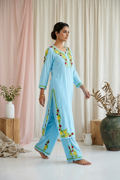 Safa Ocean Blue Chikankari Modal Kurta Set