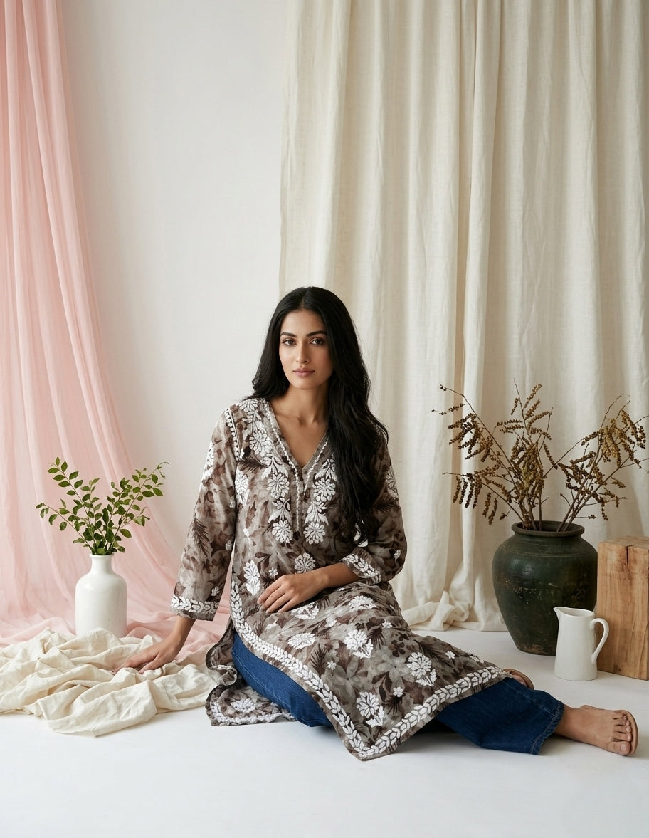 Aarzoo Brown Mull Cotton Long Kurti