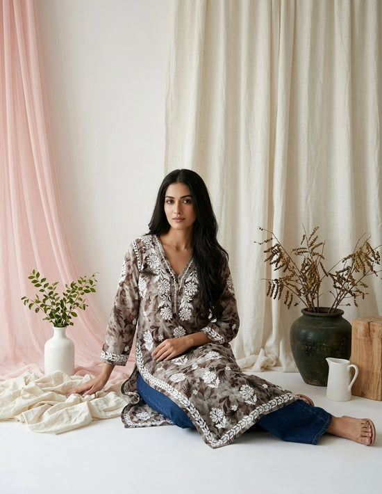 Aarzoo Brown Mull Cotton Long Kurti
