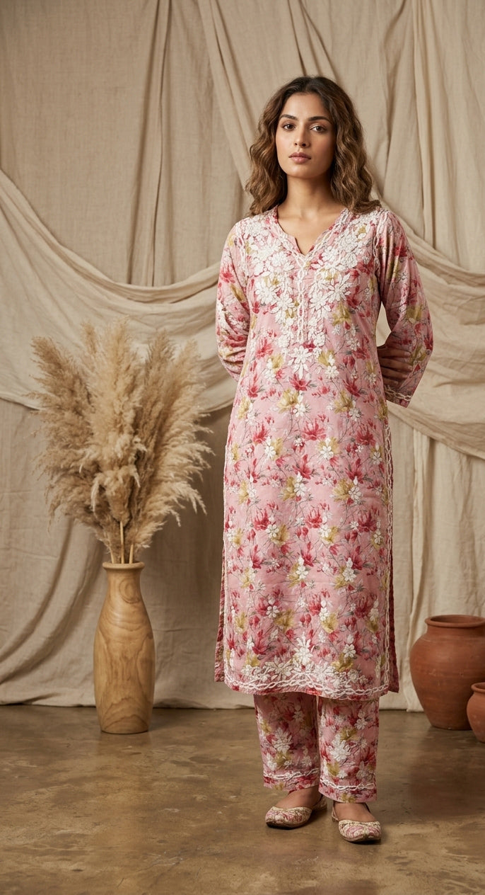 Aaira Rose Pink Mull Cotton Chikankari Kurta Set