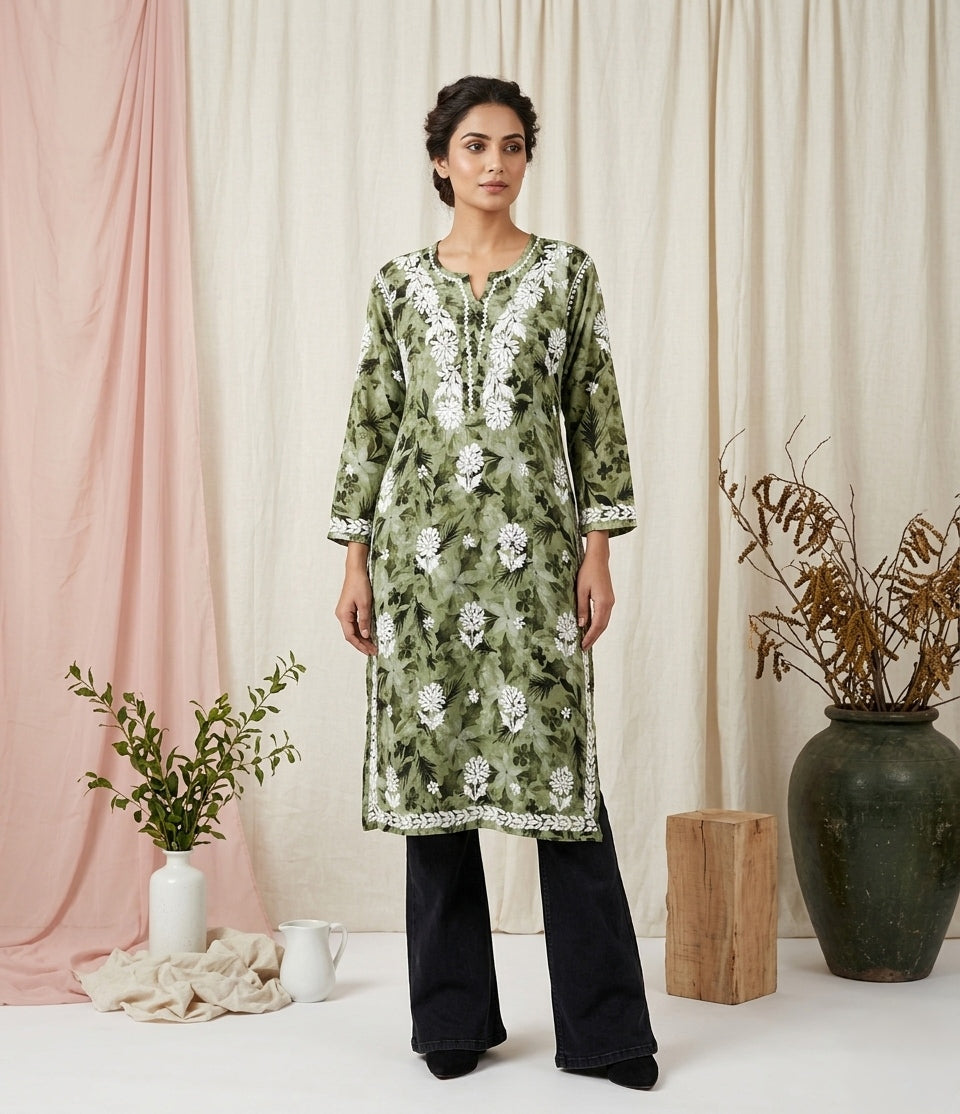 Aarzoo Green Mull Cotton Long Kurti