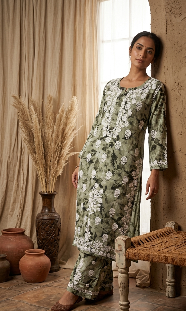 Safar Green Long Cotton Chikankari Kurta Set