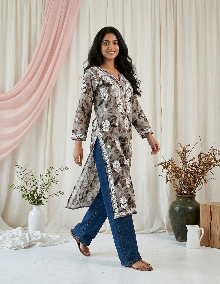 Aarzoo Brown Mull Cotton Long Kurti