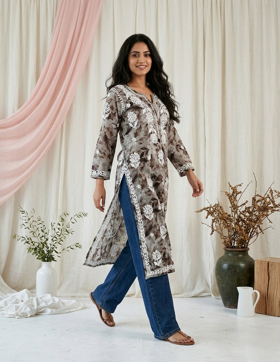 Aarzoo Brown Mull Cotton Long Kurti