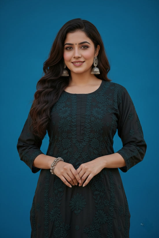 Jasmine Chikankari Bottle Green Muslin kurta Set