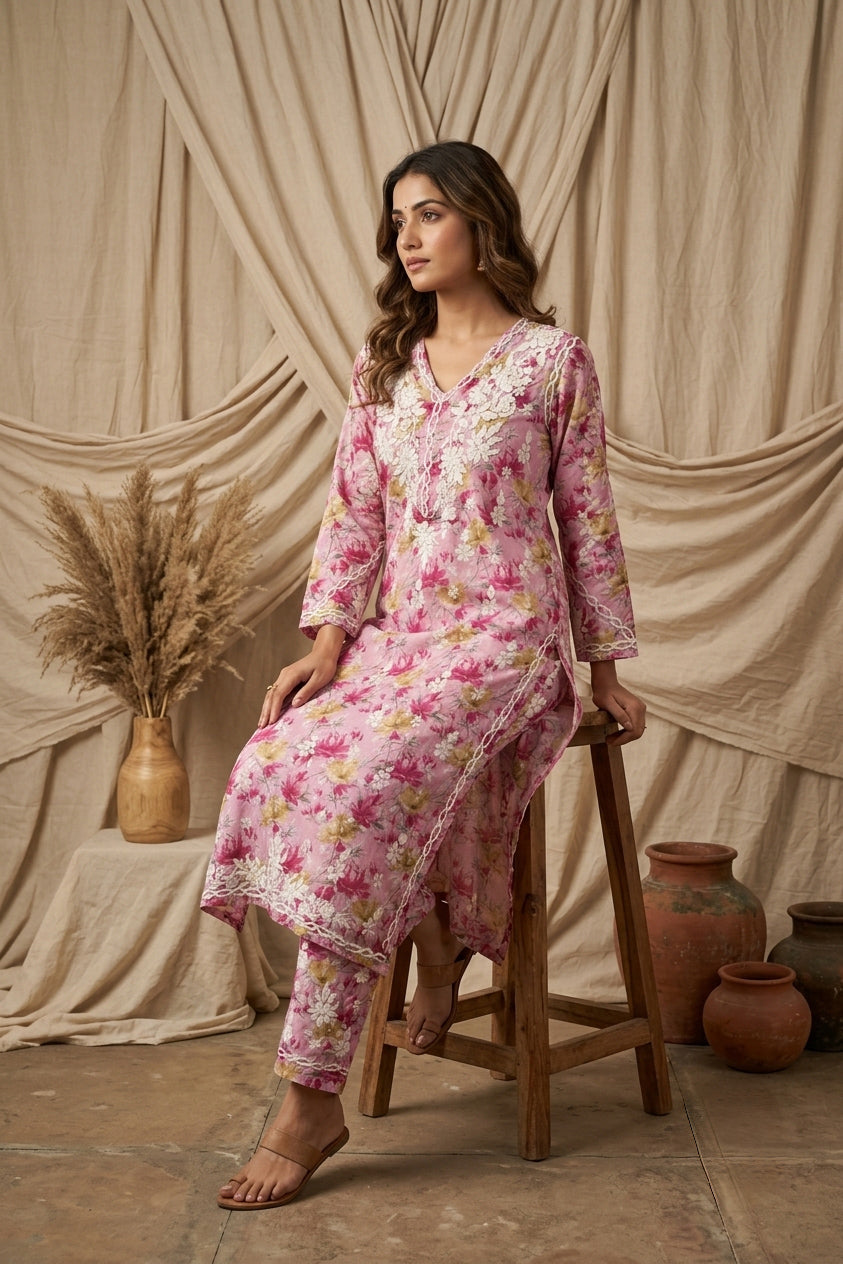 Aaira Onion Pink Mull Cotton Chikankari Kurta Set