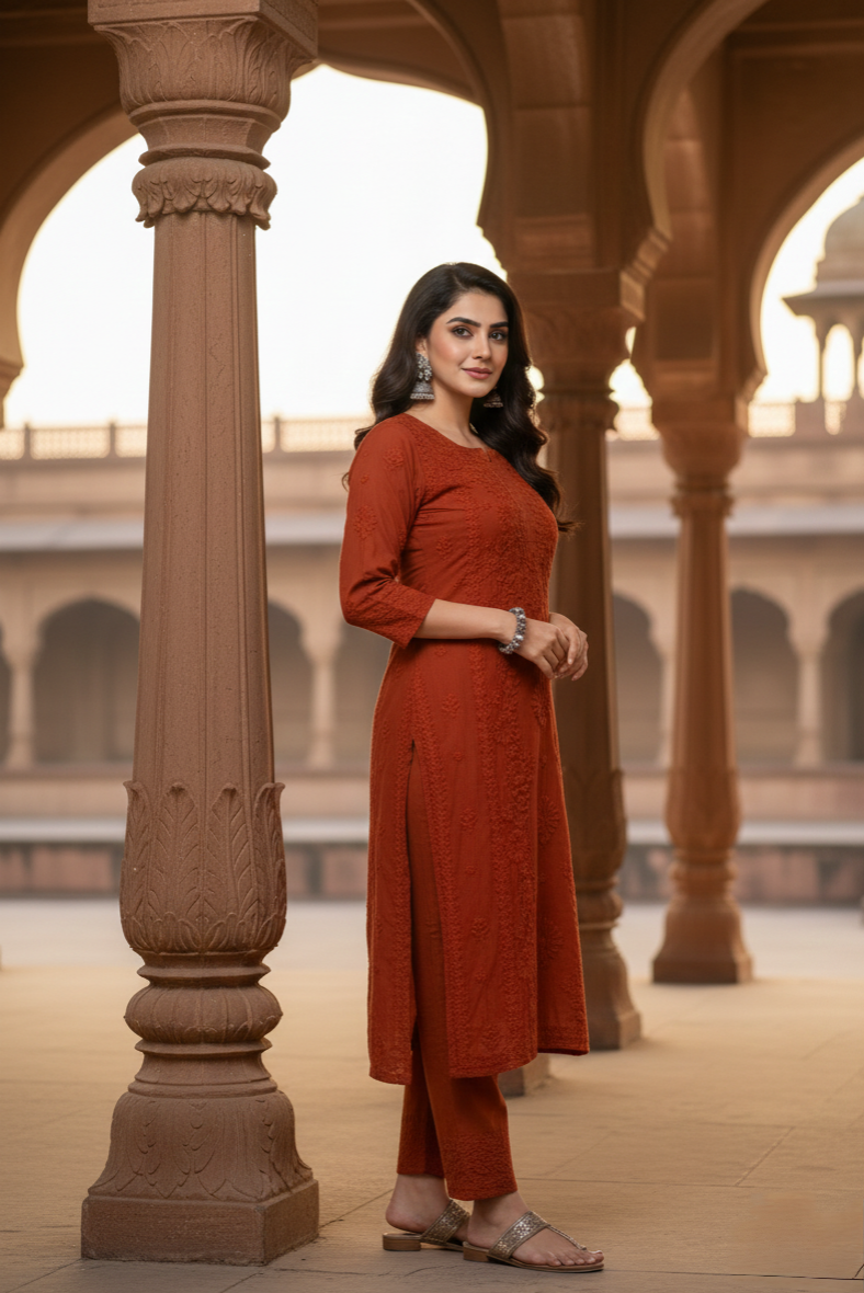 Jasmine Chikankari Rust Colour Muslin kurta Set
