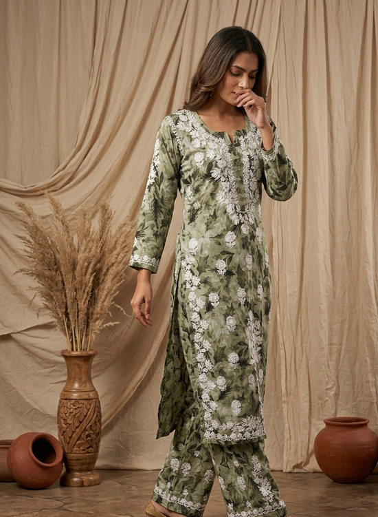 Safar Green Long Cotton Chikankari Kurta Set