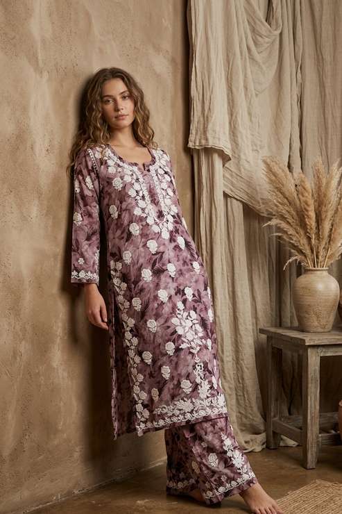 Safar Pink Long Cotton Chikankari Kurti Set