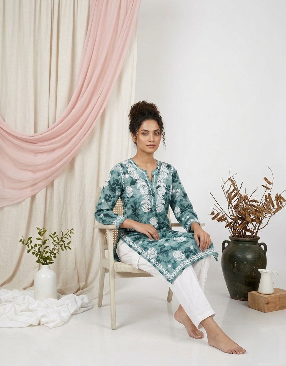 Aarzoo Teal Blue Mull Cotton Long Kurti