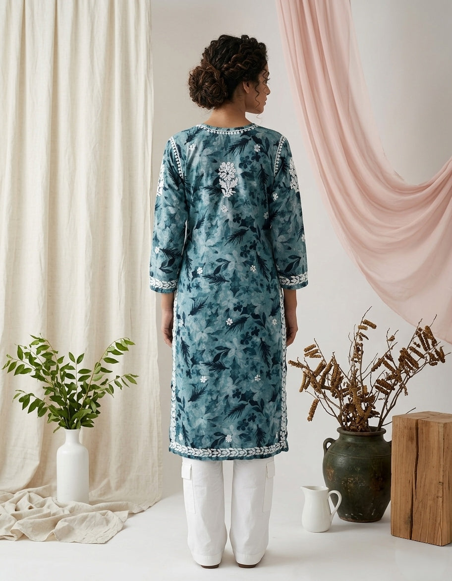 Aarzoo Teal Blue Mull Cotton Long Kurti