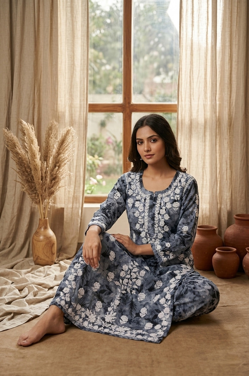 Safar Grey Long Cotton Chikankari Kurti Set