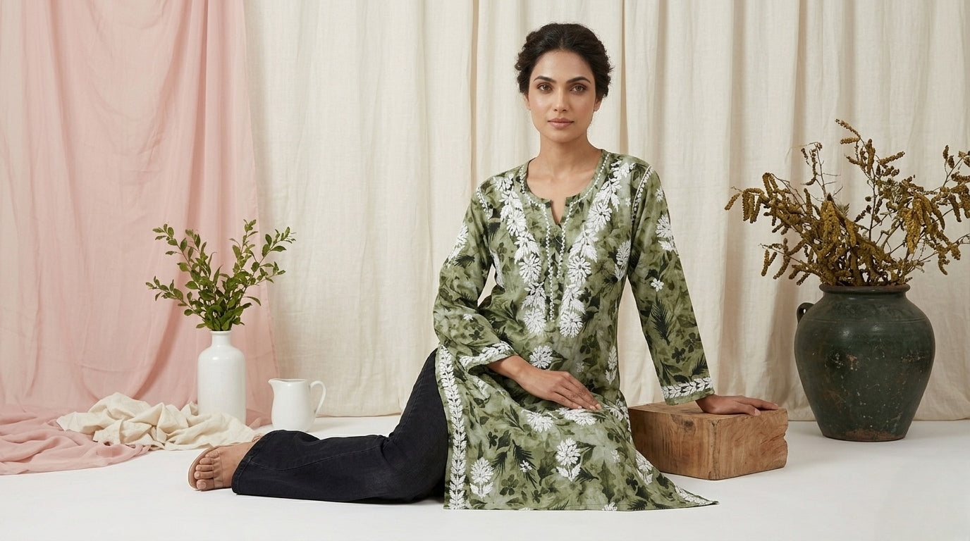 Aarzoo Green Mull Cotton Long Kurti