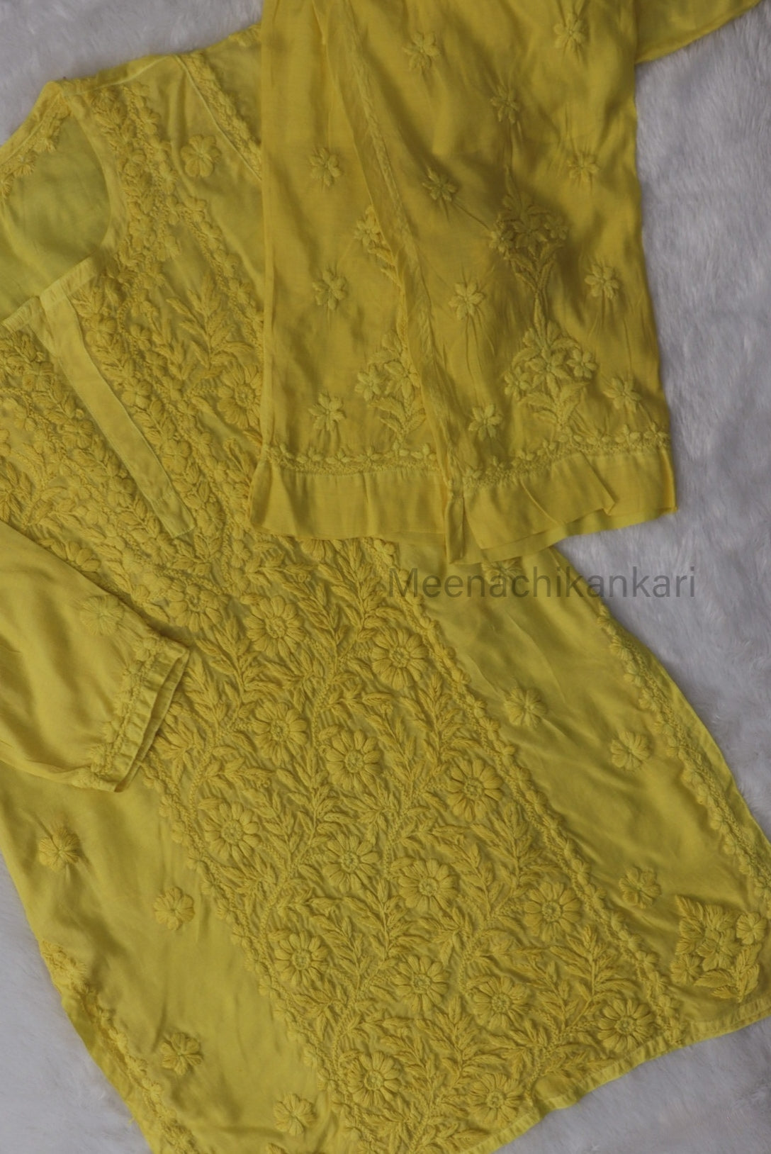 Ektara Yellow Muslin Mid Long Cord Kurta Set